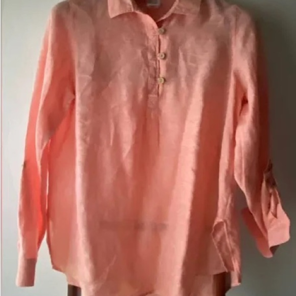 Sigrid Olsen Linen Half Button Top - Melon Size L… - image 6